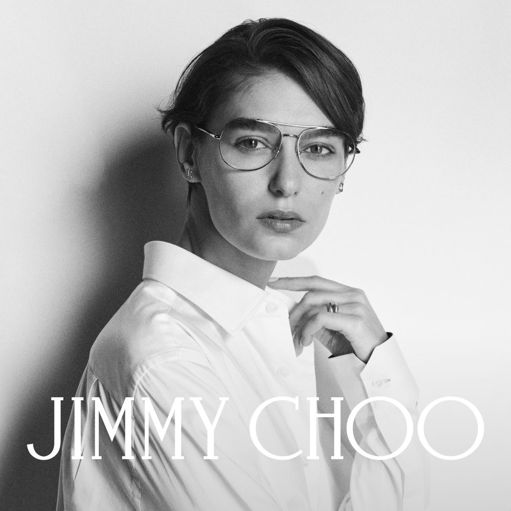 Model wearing Jimmy Choo glasses